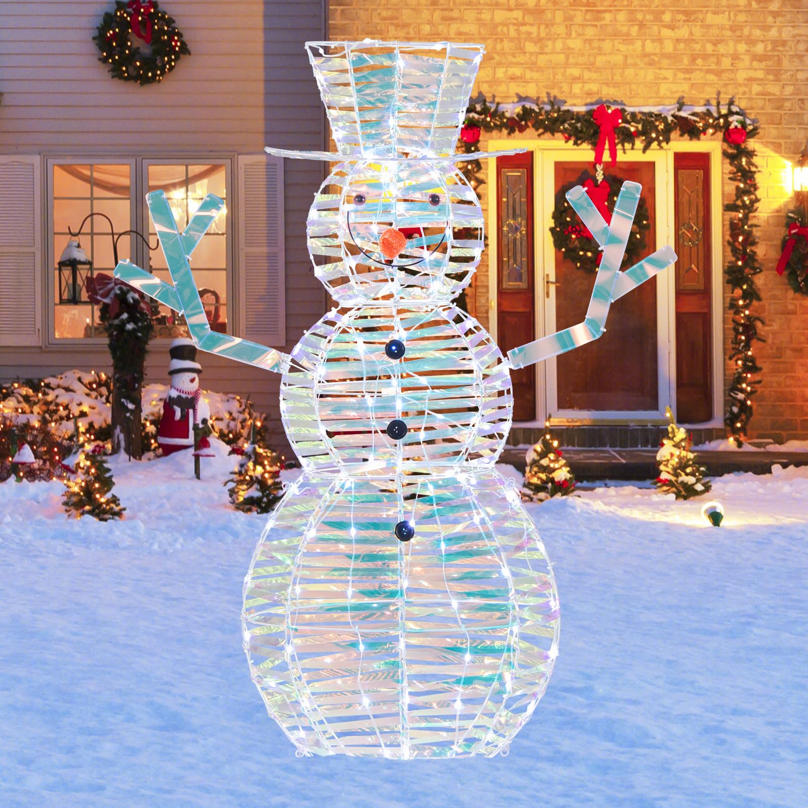 Tangkula 4 FT Christmas Lighted Iridescent Snowman, Pre-Lit Christmas Decoration with 100 White LED Lights